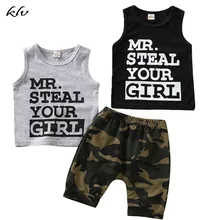 Newborn Infant Baby Boys Summer Letter Print Outfits Tank Vest Tops + Camo Shorts Pants boys tiger print vest with ornate print drawstring shorts