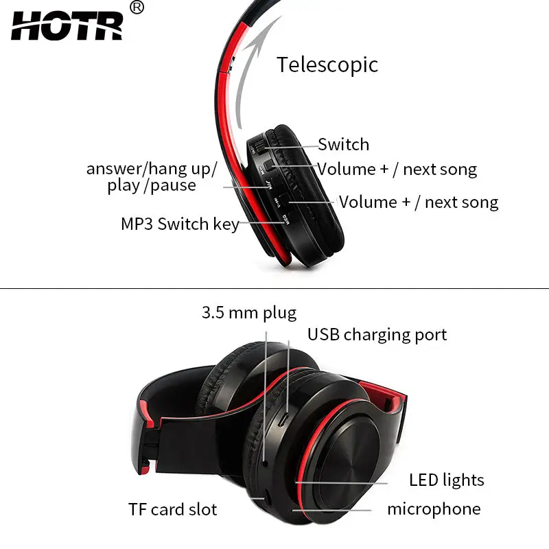 Наушники HOTR Bluetooth со светодиодной подсветкой 3D стерео наушники с микрофоном