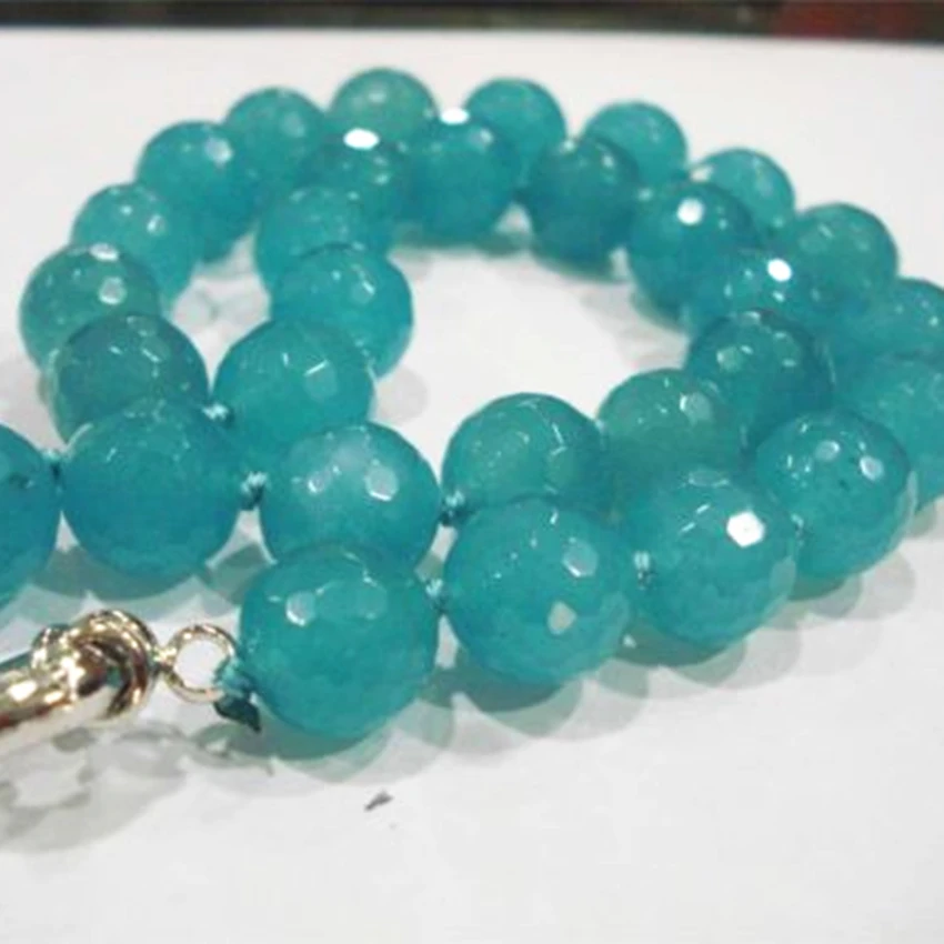 

New fashion charming 8mm long Brazilian blue Natural Stone chalcedony jades Faceted Round Beads Strand Necklace 32inch BV155