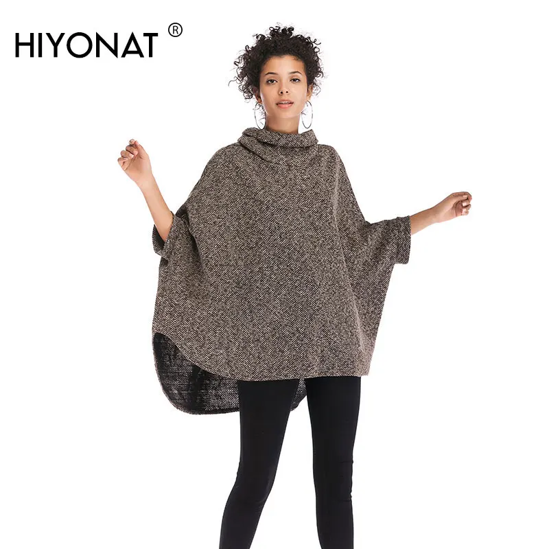 Hiyonat Long Cloak Sweaters Women Fall Turtleneck Ladies Sweater Textured Knit Warm Cape Pullover Ethnic Batwing Sleeve Tops