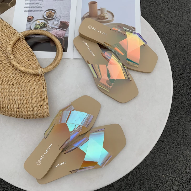 

cross wide straps shoes woman summer beach slippers colorful PVC flat with slides cozy soft bottom flip flops open toe slippers