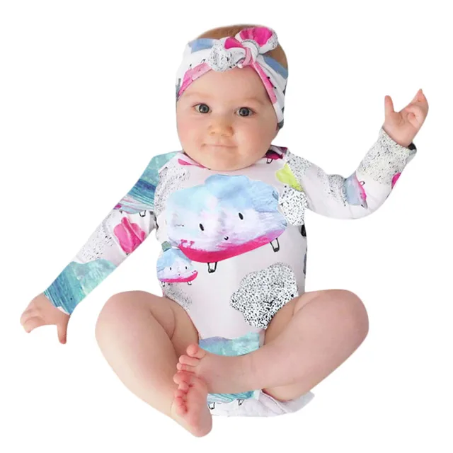 Kids Baby Long Sleeve Cartoon Clouds Print Outfits Clothes Romper+ Hair Strap Two Piece Set Sweet Baby Kids Clothing Set