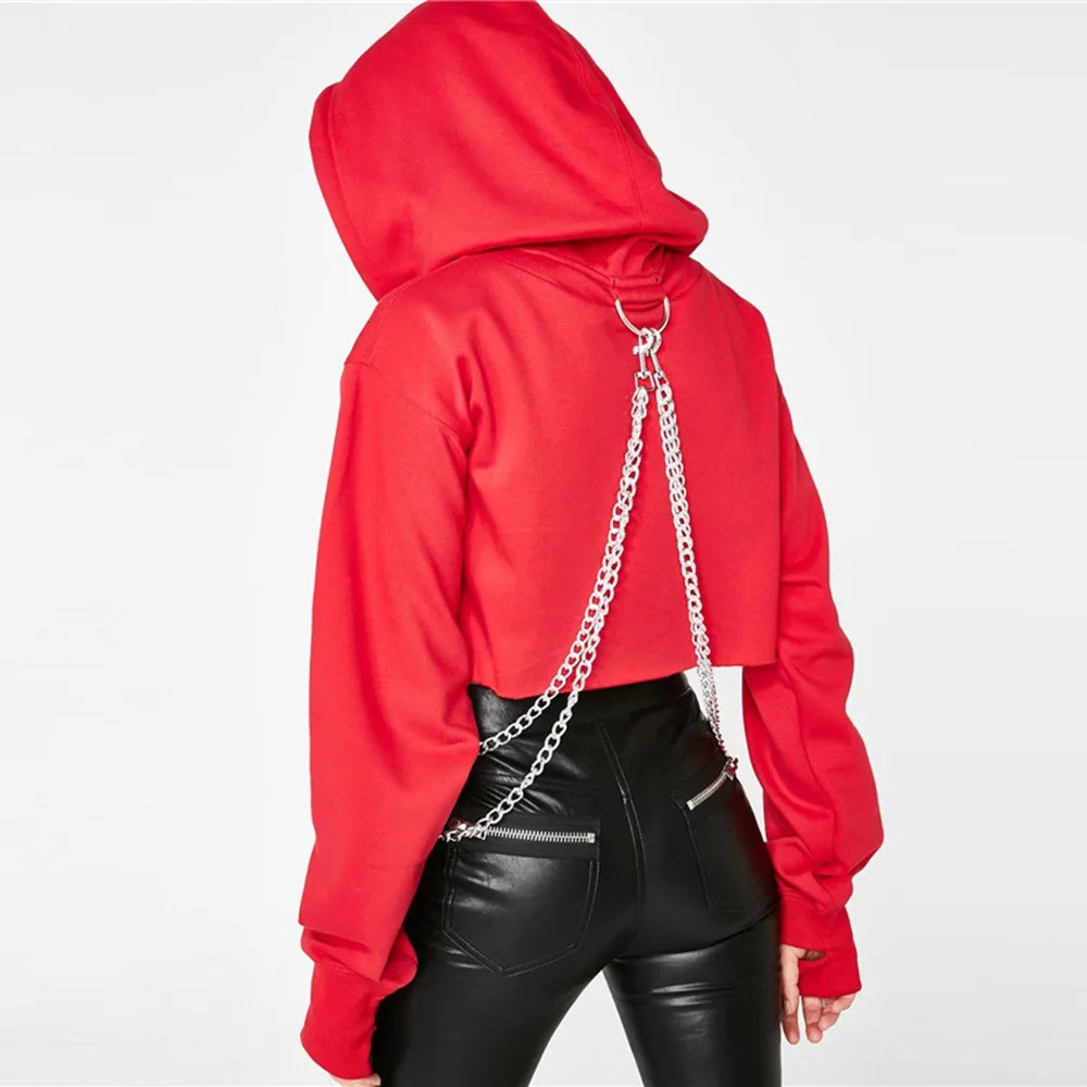 Fall Gothic Casual Hip Hop Streetwear Women Sweatshirts Loose Hooded Plain Asymmetric Chain Girl Short Female Black Hoodies