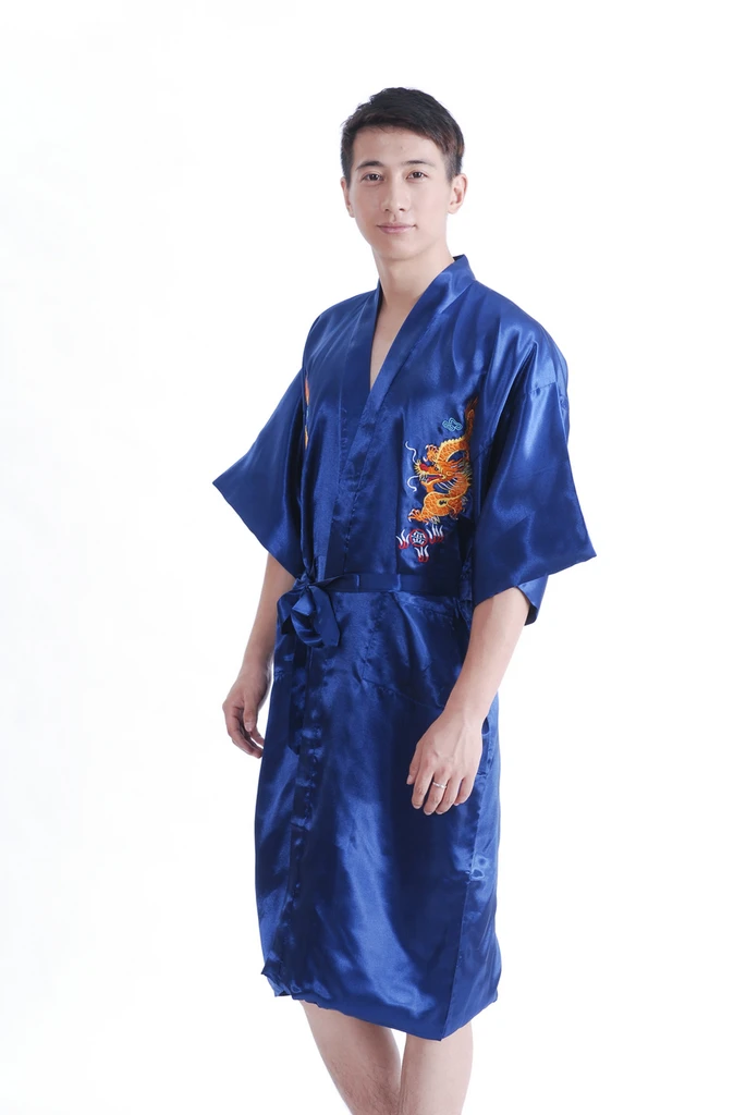 Китайский Для мужчин атласный шелковый халат Вышивка кимоно Для ванной платье Дракон пижамы мужской длинные, пижамы Для ванной одеяние