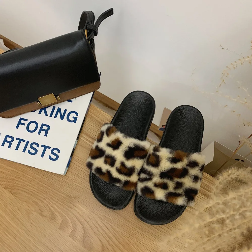 

Fashion hot leopard slippers female street beat a word fur wearing wild flat slippers women