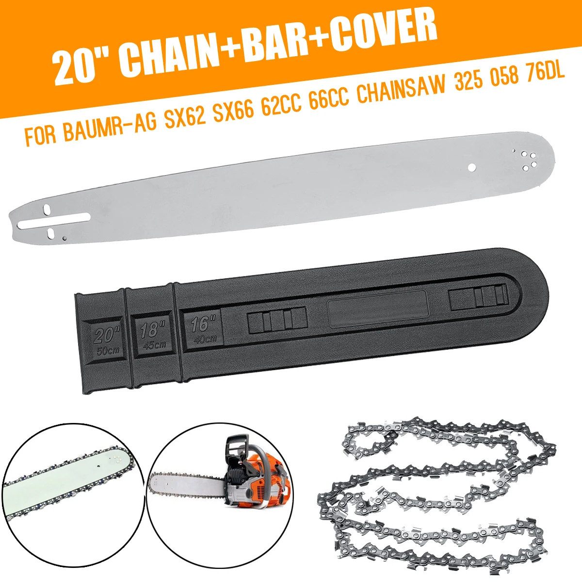 

MTGATHER 20" Chainsaw Chain+Bar+Cover Set For Baumr-Ag SX62 SX66 62CC 66CC Chainsaw 325 058 76DL