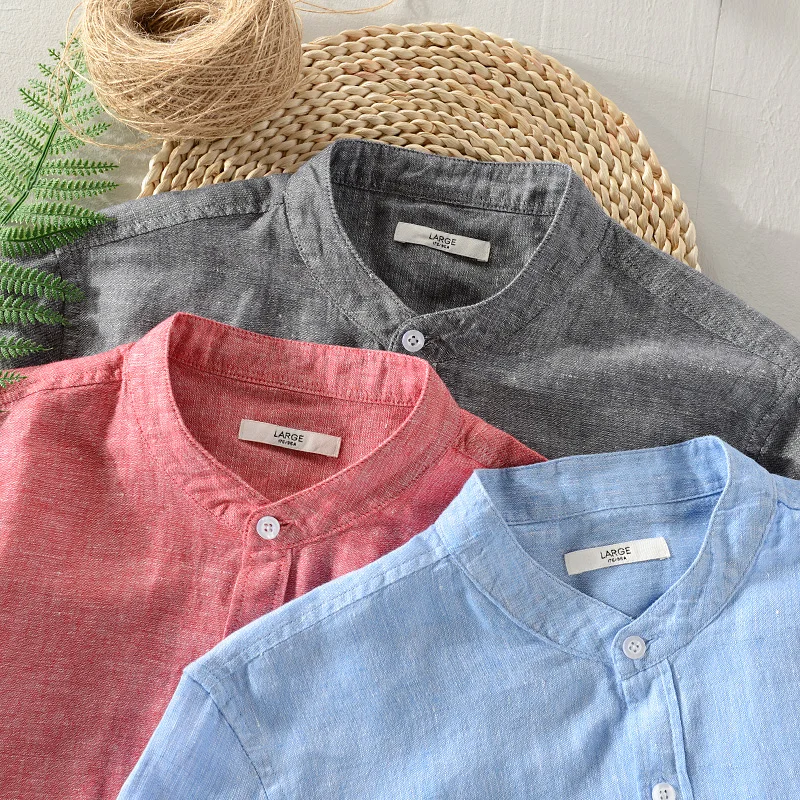 Goedkoop Nieuwe stijl lange mouwen linnen shirt mannen merk solid katoen mannen shirt casual stand kraag heren shirts chemise dropshipping