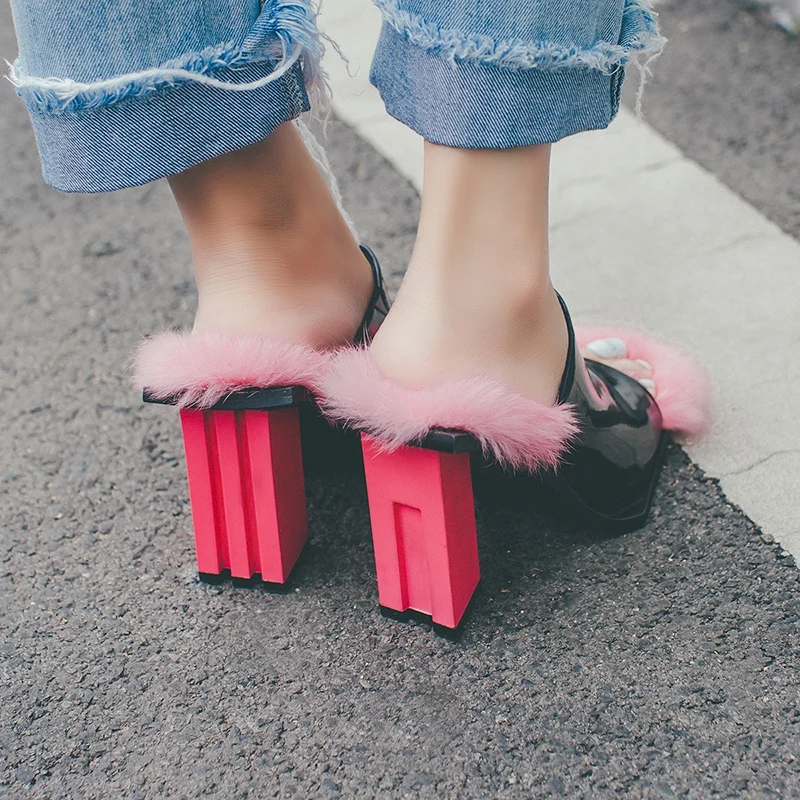 

High quality Sandals women handmade 2017 new summer luxury lady shoe high heels plush rabbit fur female outdoors slippers slides