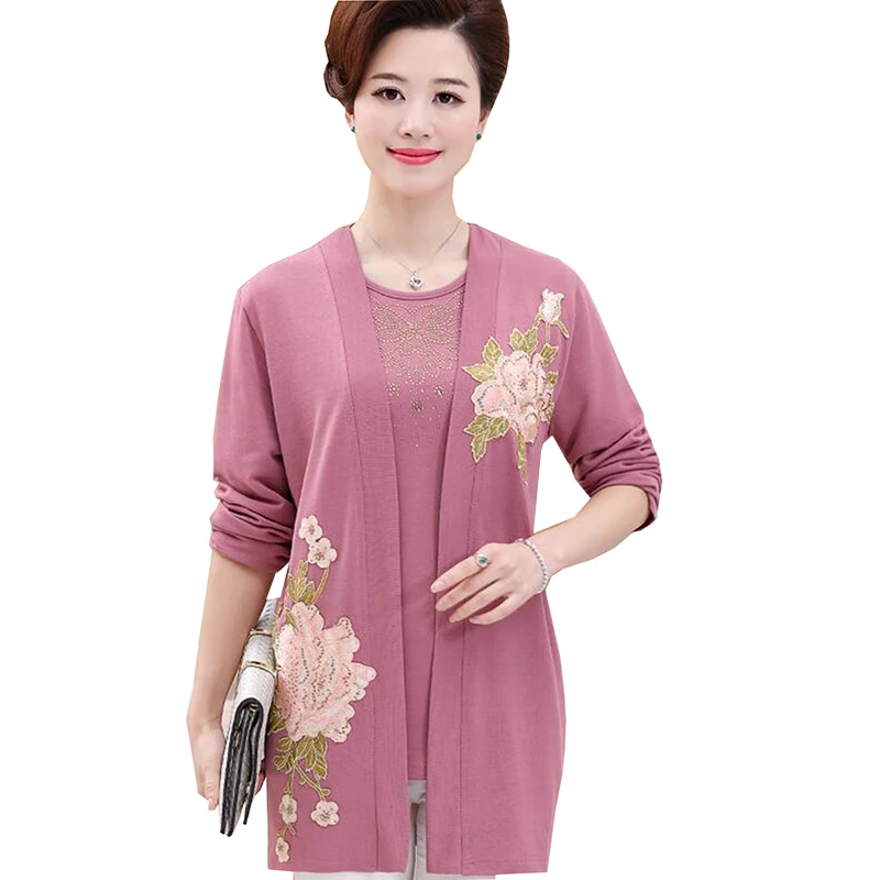 ^*Best Offers Middle-aged Women clothes 2018 Spring autumn Cardigan Two Piece Wool Sweater Mother printing Knitted jacket Plus size top femme