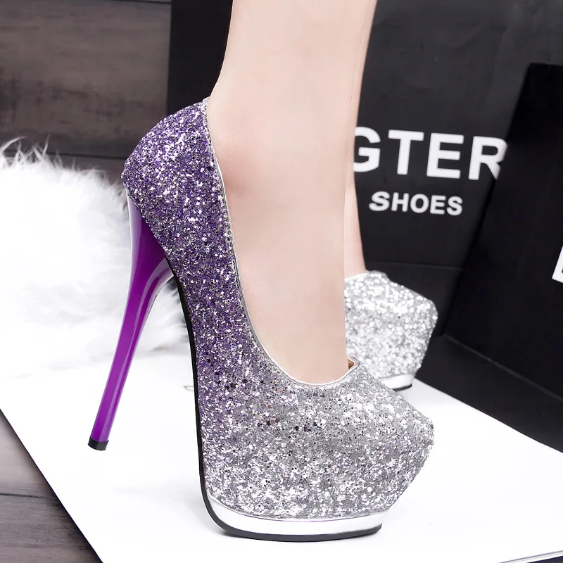 ФОТО bombas de las mujeres women fashion purple high heel glitter pumps lady casual party and wedding shoes female leisure shoes