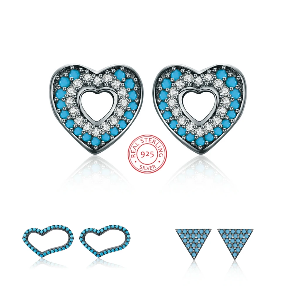 

100% 925 Sterling Silver Blue Geometric Heart Strip Stud Earrings For Women Fashion Girl Sterling-silver-jewelry gift