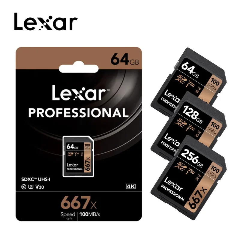 

100% Original Lexar 667x SD card Memory Card SDXC Class10 256gb 64G 128G tf Card C10 UHS-I 100MB/s Flash Card for Full HD Camera