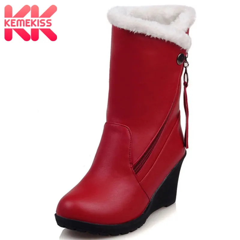 

KemeKiss Size 30-43 Woman Round Toe Wedge Mid Calf Boots Women Thickened Fur Winter Warm Half Snow Botas Shoes Footwear