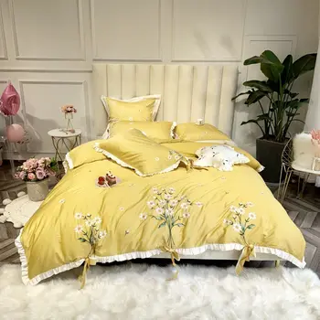 

Premium Embroidery Egyptian Cotton Yellow Duvet Cover Bedding Set Queen King size Bed set bed sheet/linen Pillow Shams 4/7Pcs