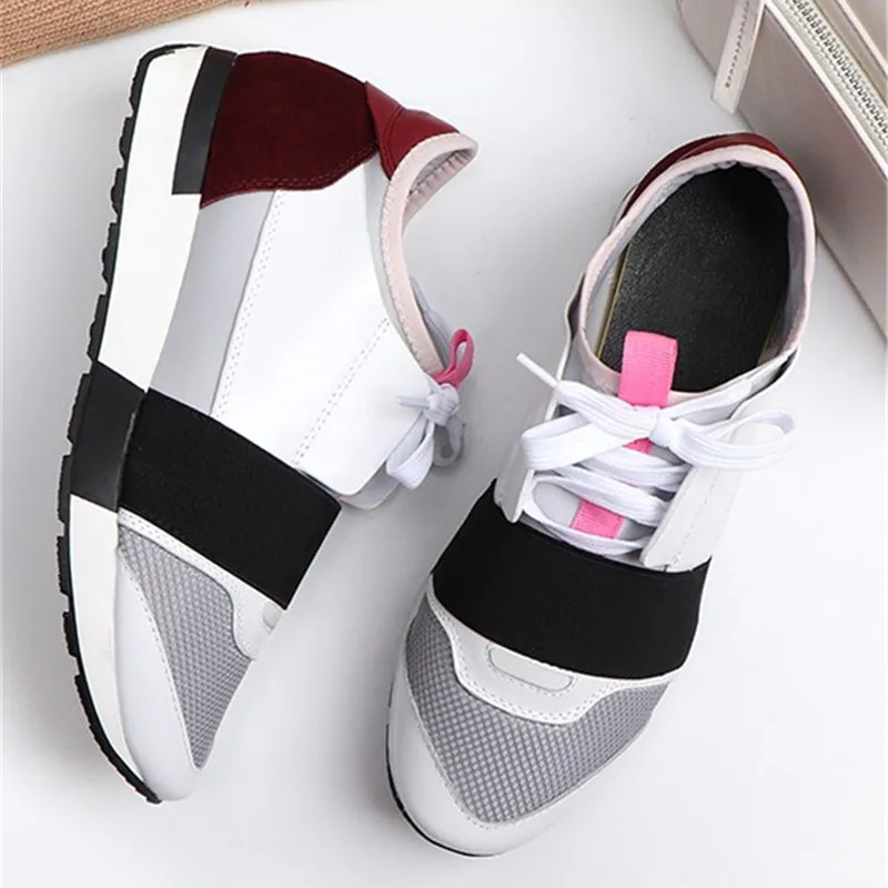 

19SS Mixed Color Leather Thick Platform Casual Shoes Breathable Lace Up Sport Court Sneakers Soft Flat Running Light Woman Shoes