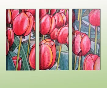 

Hot selling handmade three panels tulip group oil painting on canvas for home decoration