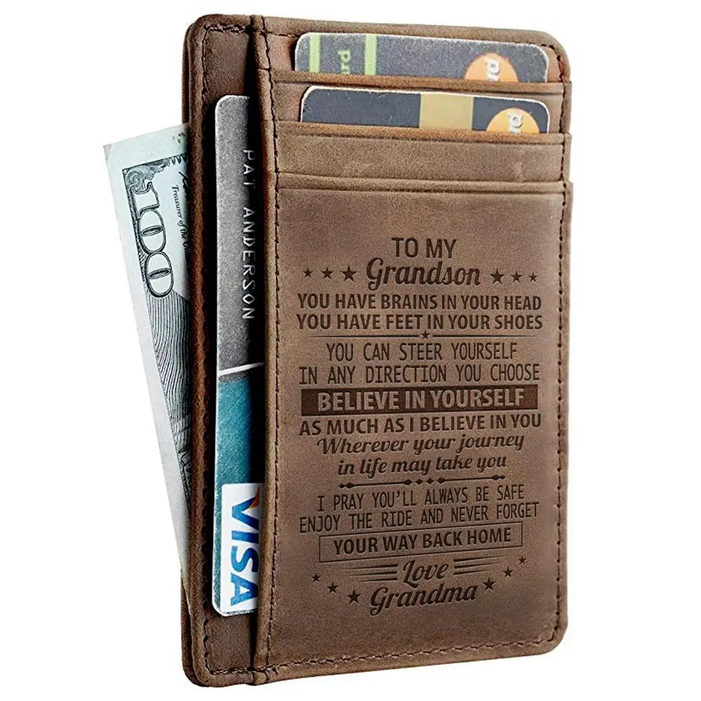 

leather engraved card wallet for son custom bi fold card holder slim wallet leather with box