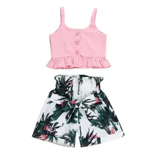Коллекция года, летняя одежда для маленьких девочек розовый жилет на бретелях укороченные топы с рисунком фламинго, Короткие штаны повседневный комплект одежды для маленьких девочек