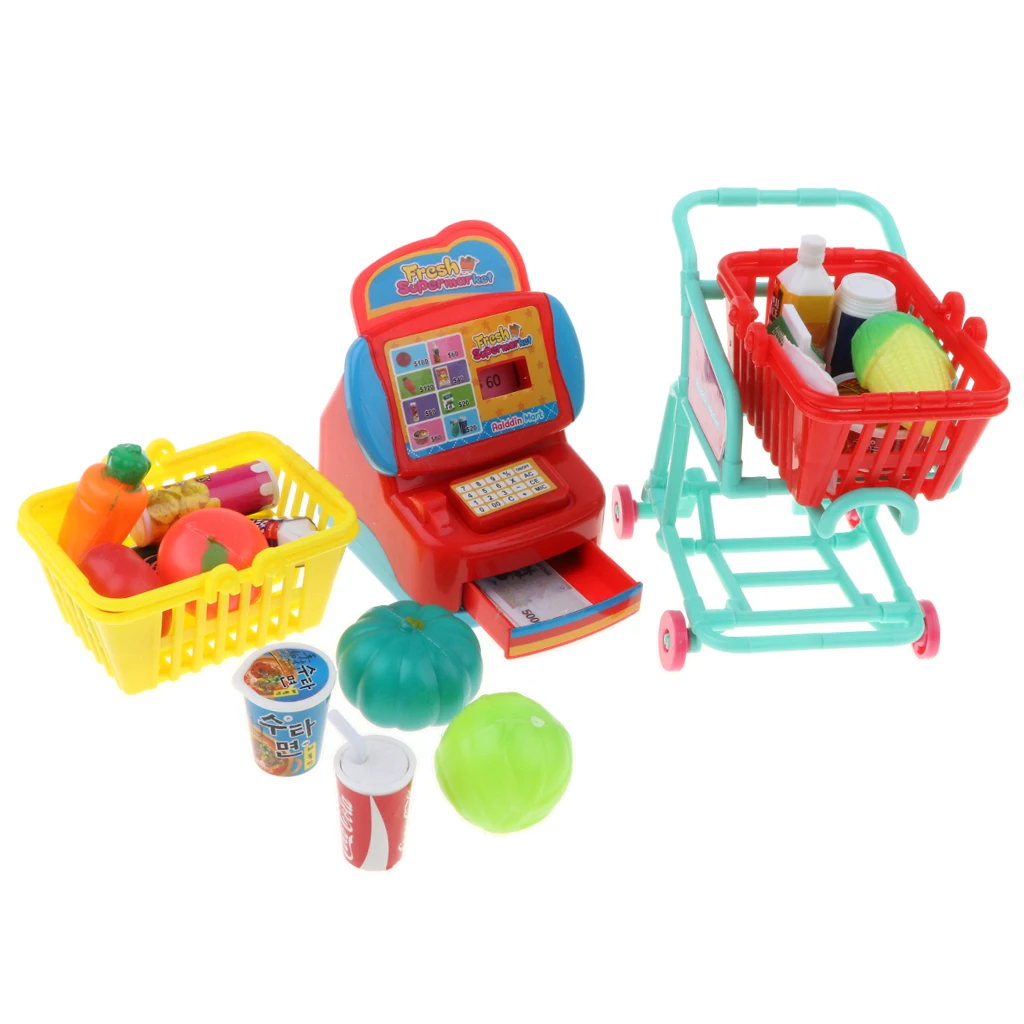 Kids Plastic Supermarket w/ Cash Register, Shopping Cart and Accessories, Kids Christmas Pretend Role Play Toy Set