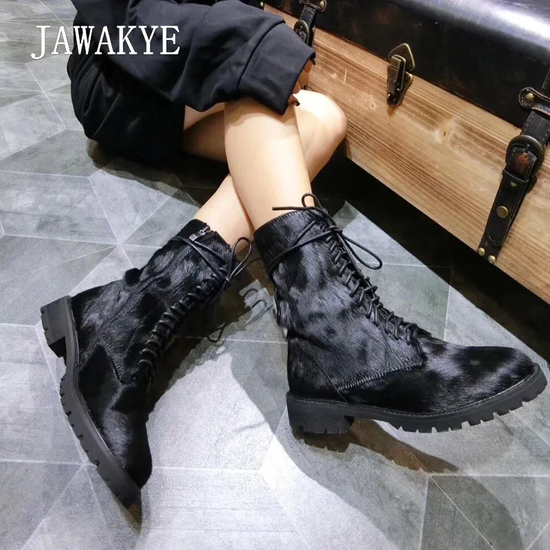 Martin Inside black Chaussures Black Bottes Lacent Sexy Bout Jawakye Botas Crin Largas Plush Femmes Rond Haute Qualité D'hiver Noir Leather Plat Inside Cheville Ht4w6R