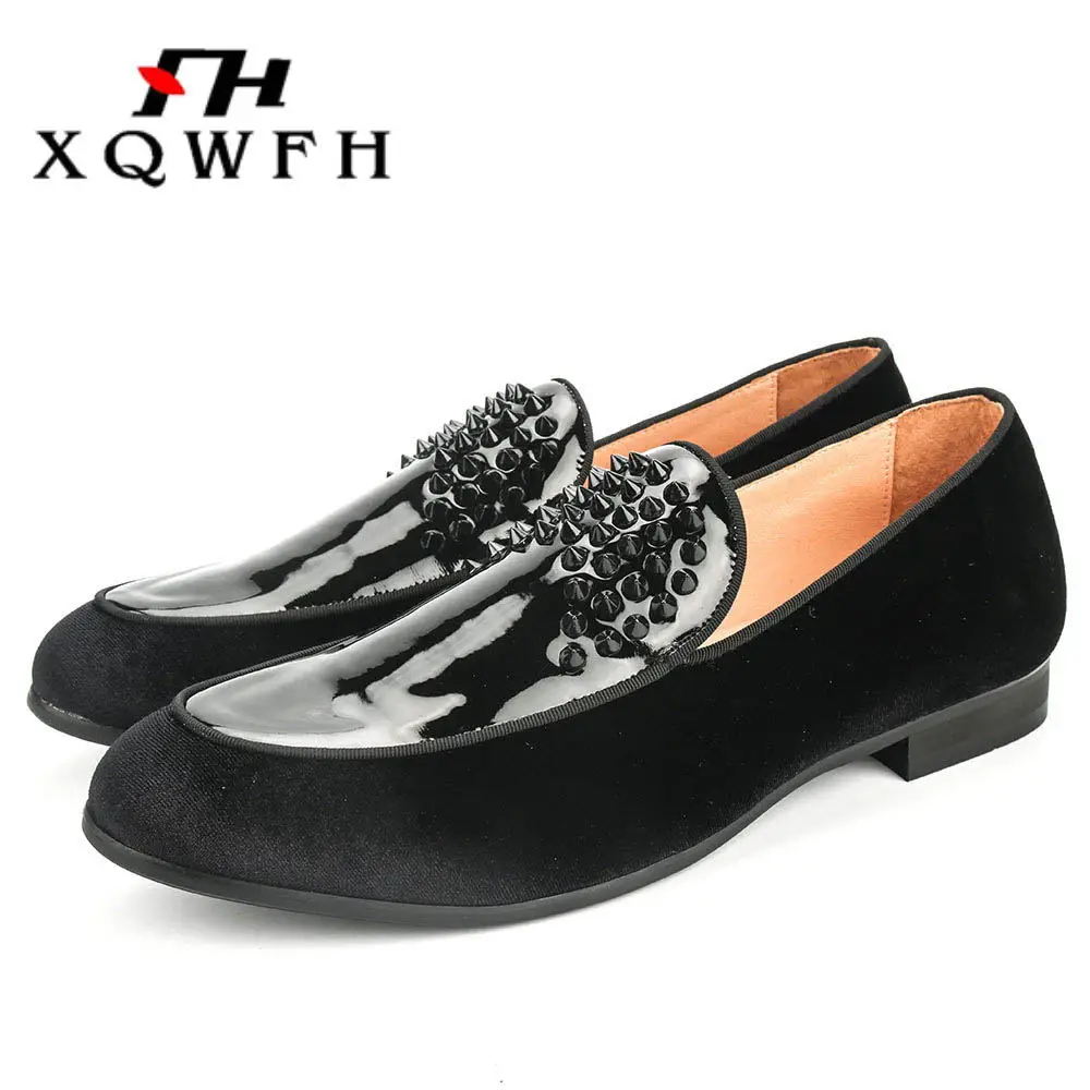 Casamento Xqwfh Do Veludo Partido Loafers Calçados Homens Vestido Sapatos Black Dos De Casuais E Flats Feitas Mão Preto À Spikes rqCxRZrU