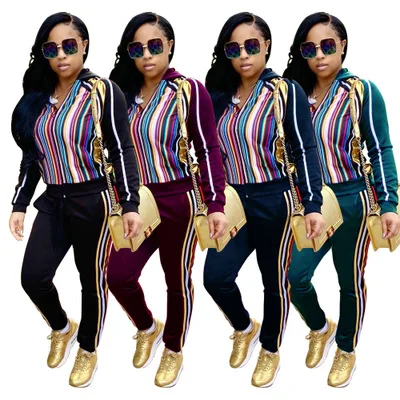 

Women's set fashion two pieces set tracksuit striped print hooded zipper tops+elastic waist pants suit set casual sportswear