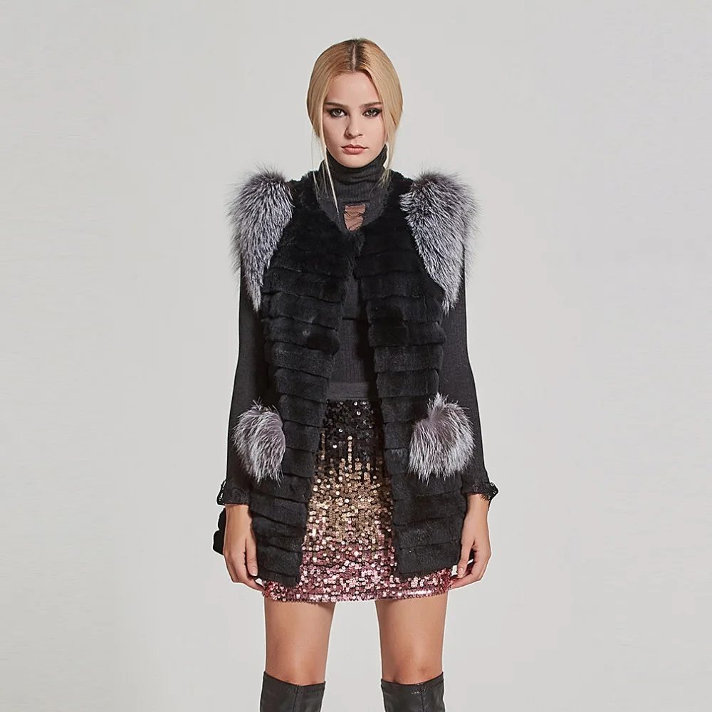 

Fur Story Women Real Fur Vest Real Rabbit Fur Vest with Real Sliver fox fur Pockets and Shoulder Lady Gilet Waistcoat 17216