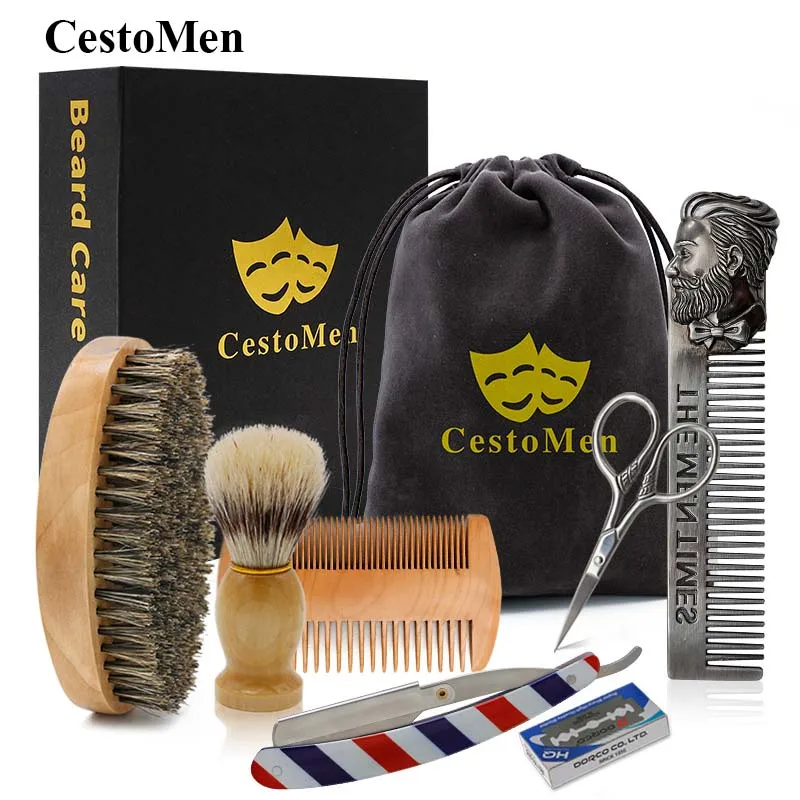 

CestoMen Luxury Travel Beard Kit Men's Shaving Grooming Beard Set With Bag Gift Box Mustache Massage Brush Comb Beard Care Set