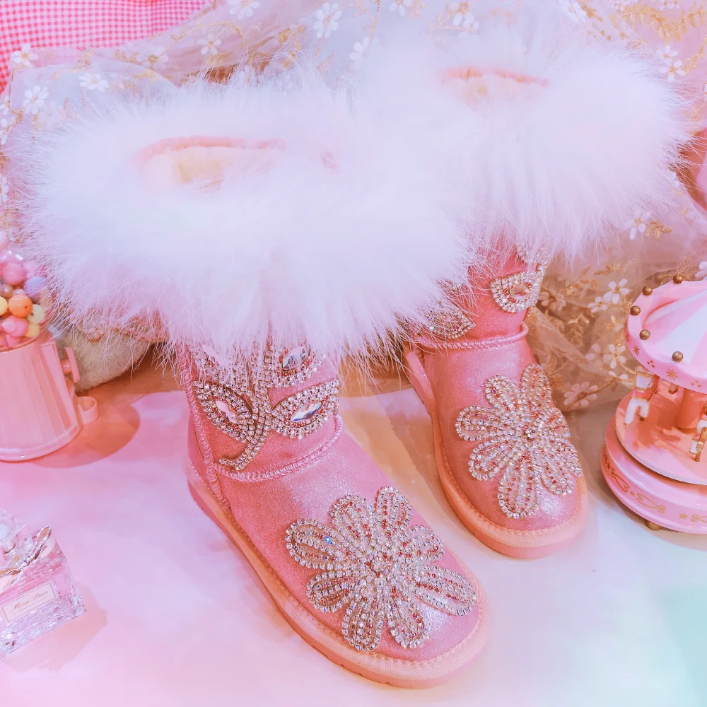 

pink fox fur decoration boots girls cow suede leather warm boots luxury crystal thailand style shoes women 2018 winter newest