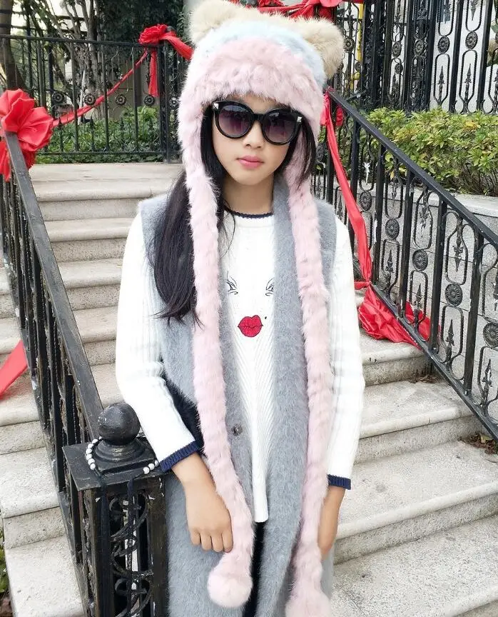 Limited Promo Women's natural rabbit fur knitted Hats girls contrast color winter thicken warm fashion cap long s Limited Promo Women's natural rabbit fur knitted Hats girls contrast color winter thicken warm fashion cap long s