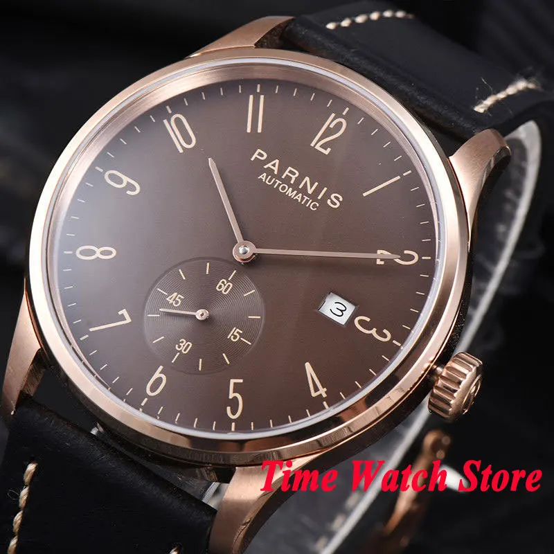 42mm Parnis men's watch Rose golden case brown dial Arabic numerals DATE 5ATM ST1731 Automatic wrist men 957 | Наручные часы