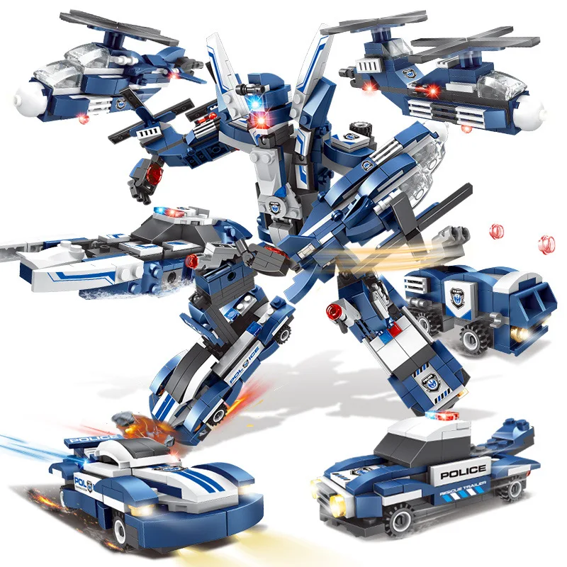 

6in1 Police Helicopter Cars Robot Action Figures Building Blocks Toys for Children Compatible Legoings City Technic Military