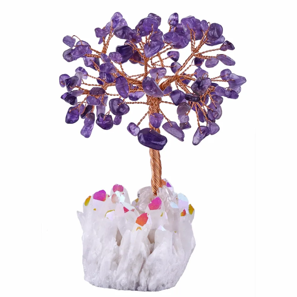 TUMBEELLUWA 4''Natural Rock Quartz Money Tree, аура с титановым покрытием кристалл кластера база бонсай Скульптура фигурка для фэн шуй