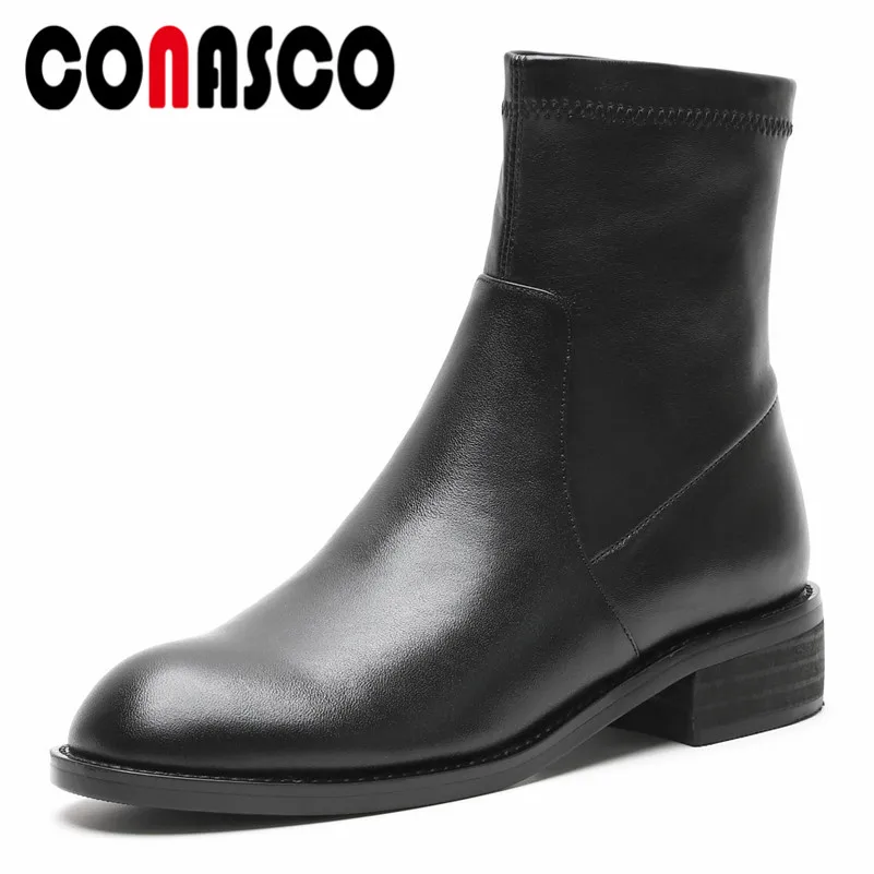 

CONASCO Brand Women Ankle Boots Genuine Leather High Heels Motorcycle Boots Sexy Punk Short Motorcycle Boots Female Basic Boots