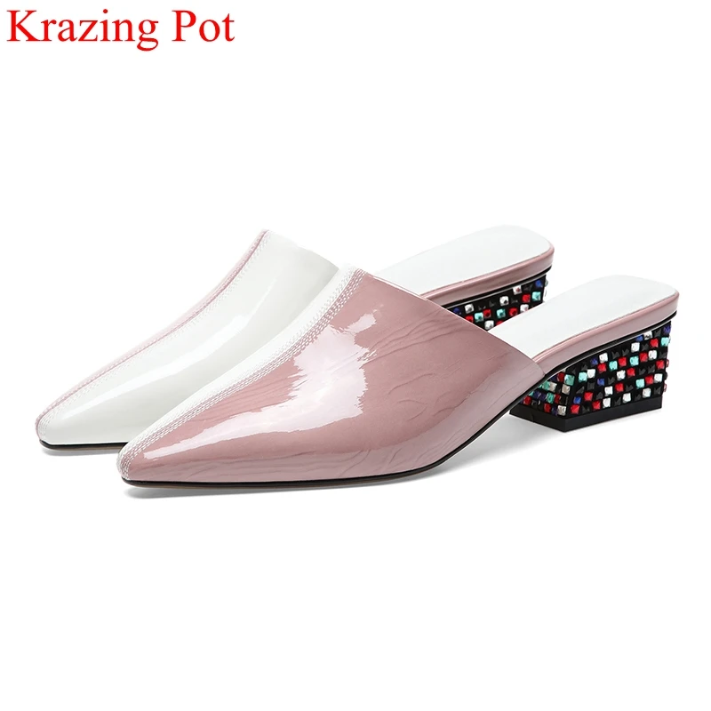 

big size pointed toe slip on genuine leather slingback med heels women sandals rhinestone mules mixed colors summer shoes L51