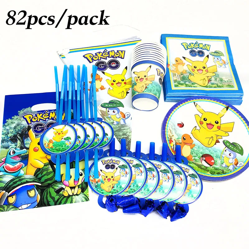82pcs Pokemon Go disposable plates cups napkins straws theme tableware set party banners plastic bags | Дом и сад