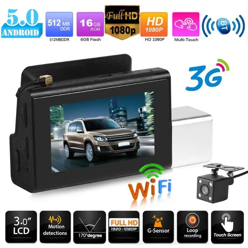 

VODOOL T3 FullHD 1080P 3G WiFi Android 5.0 Car DVR Camera 3" Touch Screen Dual Lens Dash Cam Video Recorder Night Vision Dashcam
