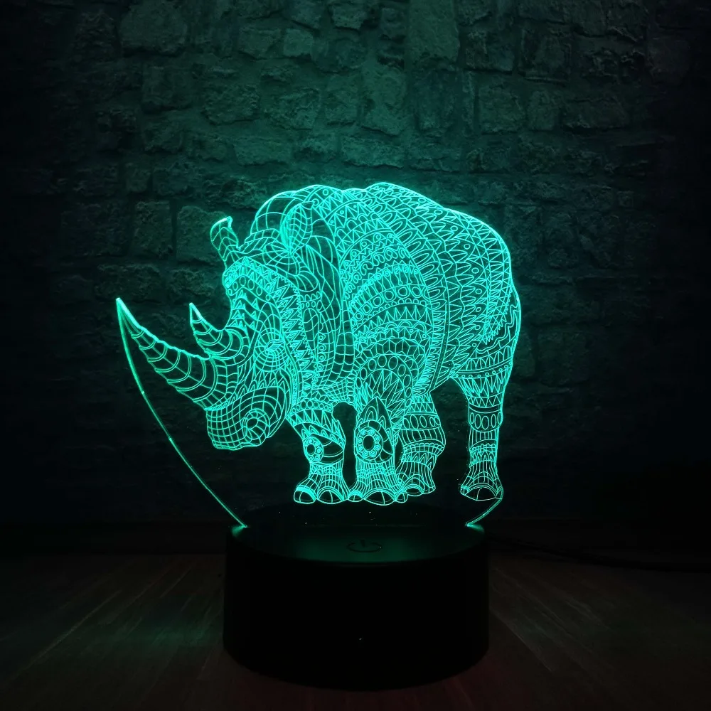 3D Животные носороги ночник Светодиодная лампа с эффектом иллюзии USB 7 цветов изменить красочный градиентный визуальный Декор освещения дети подарки ребенок