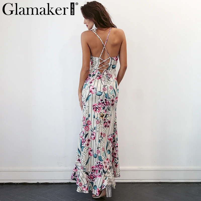 Женское платье с цветочным принтом Glamaker длинное пляжное разрезом и оборками