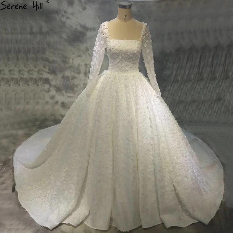 Dubai New White Luxury Big Trian Wedding Dress 2021 Long Sleeves Handmade Flowers High-eng Fashion Bridal Gown HA2164 | Свадьбы и