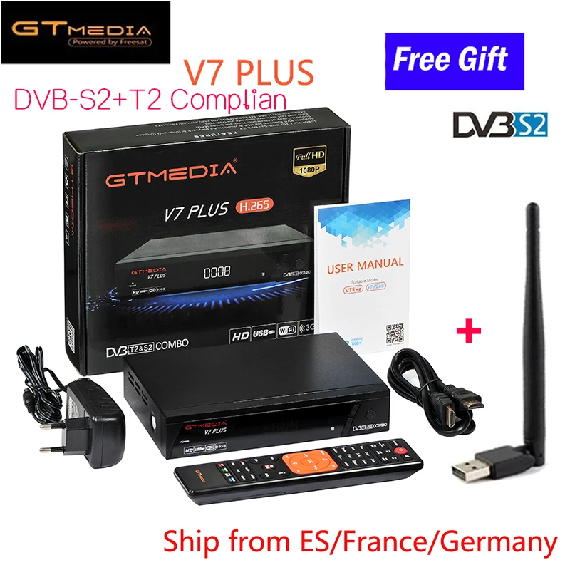 

Satellite Receiver DVB T2 S2 Combo Gtmedia V7 Plus Cline 1 Year for Spain Europe Decoder with free USB WIFI TV Receptor Poland
