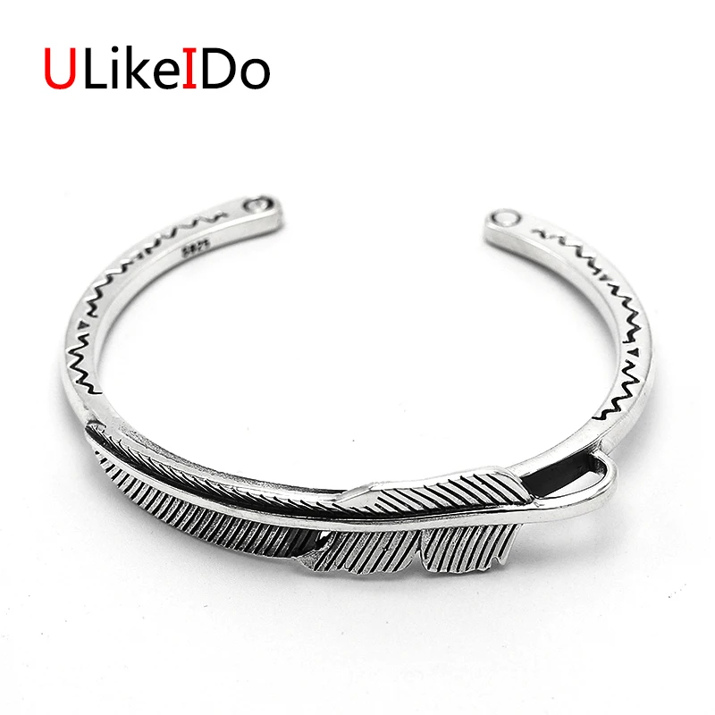 

Pure 925 Sterling Silver Bangle Feather Fashion Vintage Hand Chain For Men And Women Opening Jewelry Thai Silver Charm 476