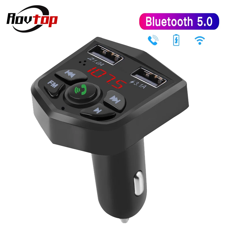 

Rovtop Bluetooth 5.0 Car Handsfree Kit Wireless Bluetooth FM Transmitter LCD Car MP3 Player 3.1A Dual USB Charger For Car