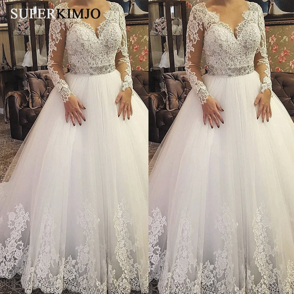 

SuperKimJo Lace Applique White Wedding Dresses Vestidos De Novia 2020 Crystals V Neck Elegant Boho Wedding Gown