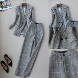 На осень-зиму модные дамские офисные костюмы костюм в клетку 2 шт. комплекты шерстяной Блейзер + широкие брюки