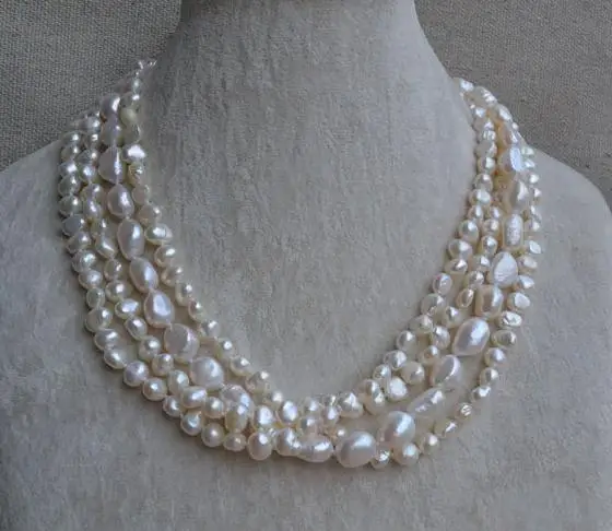 

Nice Natural Baroque Pearl Necklace,4 Rows Real Freshwater Pearl Necklace,18 inches AA 6-12MM White Pearls Jewellery