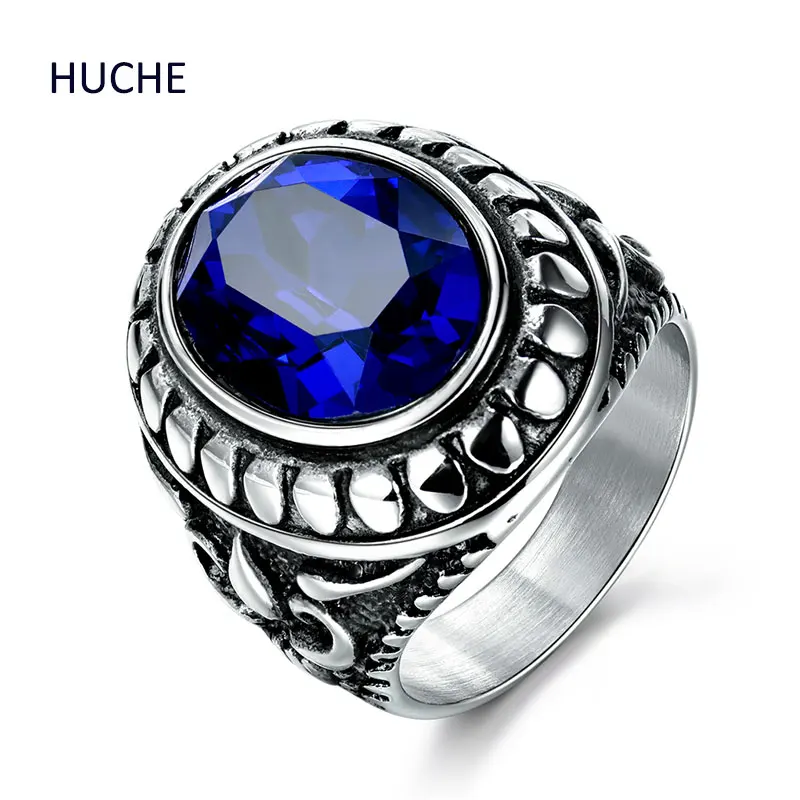 

HUCHE 2016 New Vintage Men Stainless Steel Rings Jewelry Fashion Wedding Party Male Ring Finger with Blue Stones Size 9 BR159