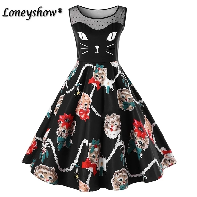 Retro vintage 1950s 60s dress mesh patchwork sexy see through cat print