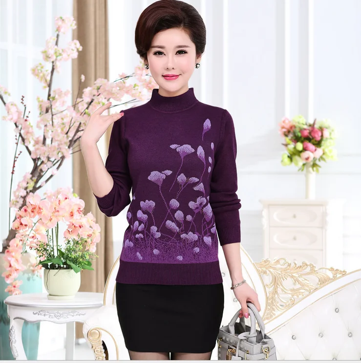 

Middle-Aged Women Pullover Turtleneck Sweater Print Casual Plus Size Women Knitted Sweater T348