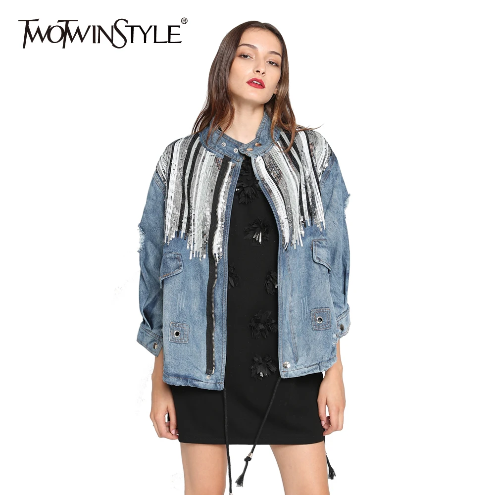 TWOTWINSTYLE джинсовая куртка с блестками пальто для женщин длинным рукавом рваные